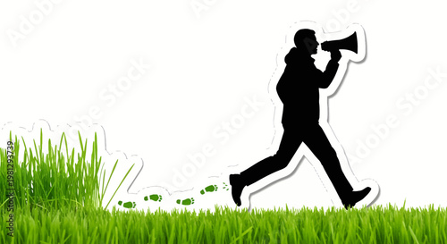 man running with megaphone in grassy field speaking loudly