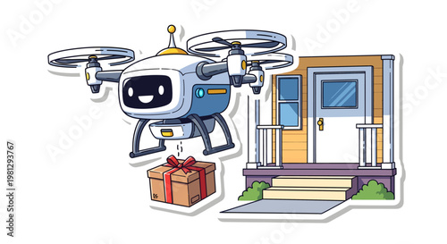 Drone delivering gift to house with smiling face