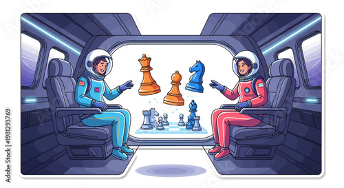 Astronauts playing chess in spaceship, strategy and competition in space