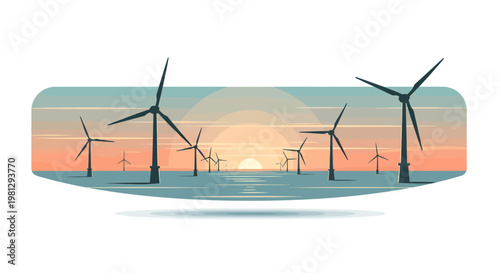 Wind turbines at sunset over water, renewable energy concept