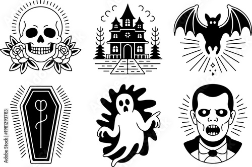 Vintage Tattoo Icon Vector Set – Skull Hat Anchor Dagger Pipe Pocket Watch Collection