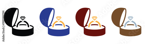 3d render of wedding rings on colored velvet cushions in gift boxes for engagement celebration