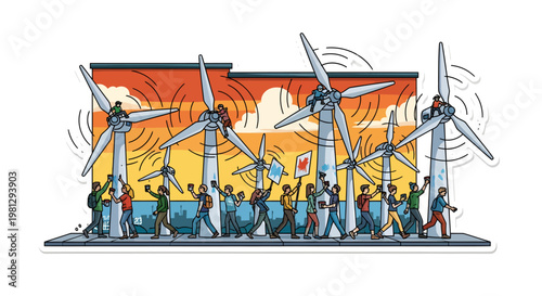 People protesting with wind turbines and factory background