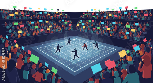 Illustration of people playing badminton in a stadium with crowd