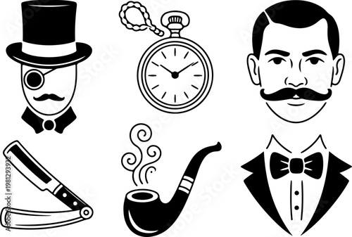 Vintage Tattoo Icon Vector Set – Skull Hat Anchor Dagger Pipe Pocket Watch Collection