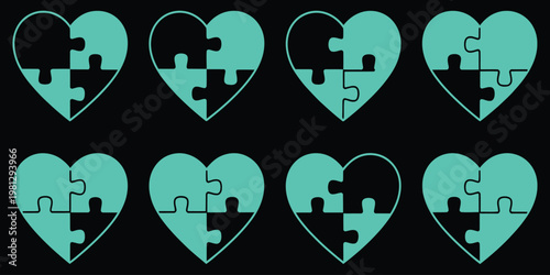 glowing neon puzzle heart icons set on black background for love and problem solving themes