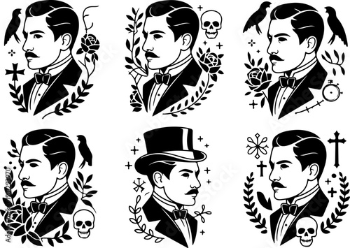 Vintage Tattoo Icon Vector Set – Skull Hat Anchor Dagger Pipe Pocket Watch Collection
