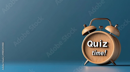 Alarm clock displaying quiz time on its face, symbolizing deadlines, urgent assessment, and the pressing nature of educational challenges, resting on a book