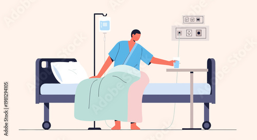 Patient recovering in hospital bed with IV drip and bedside table