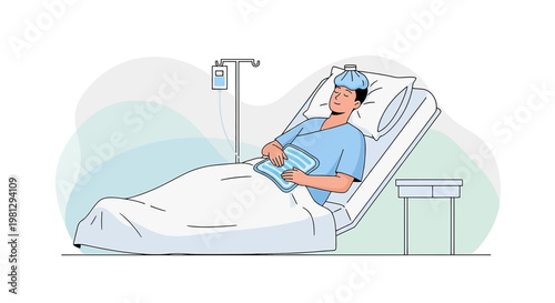 Patient recovering in hospital bed with IV drip and cold compress on forehead