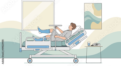 Patient recovering in hospital bed with casted leg, medical care and recovery concept
