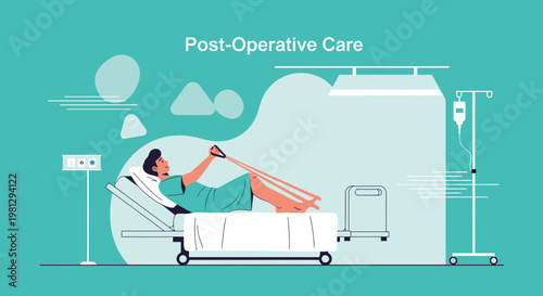 Patient Recovering in Hospital Bed with Crutches After Surgery