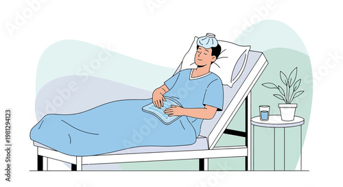 Patient recovering in hospital bed with ice pack on head and stomach ache relief