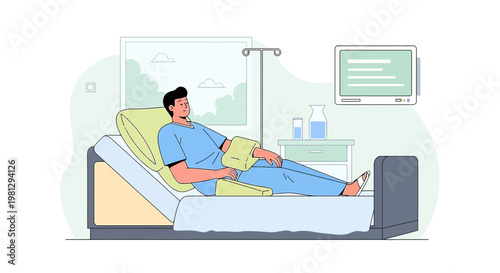 Patient recovering in hospital bed with IV drip and monitor, medical care concept