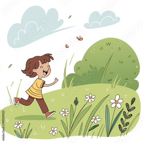 A little girl runs through a field of flowers
