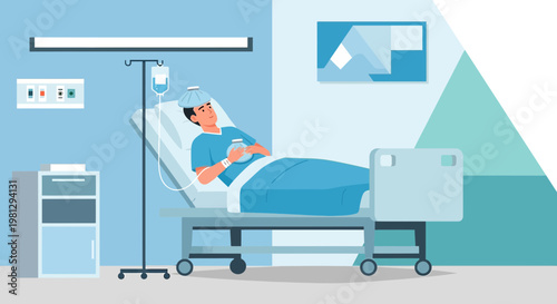 Patient Recovering in Hospital Bed with IV Drip and Cold Compress on Forehead