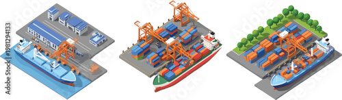Set of Isometric Shipping Ports with Cargo Ships, Containers, and Cranes for Logistics, Maritime Transport, and Industrial Design Themes