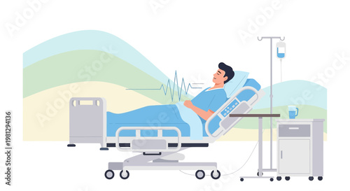 Patient Recovering in Hospital Bed with IV Drip and Heart Monitor