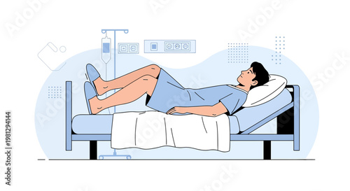Patient recovering in hospital bed with IV drip and monitor