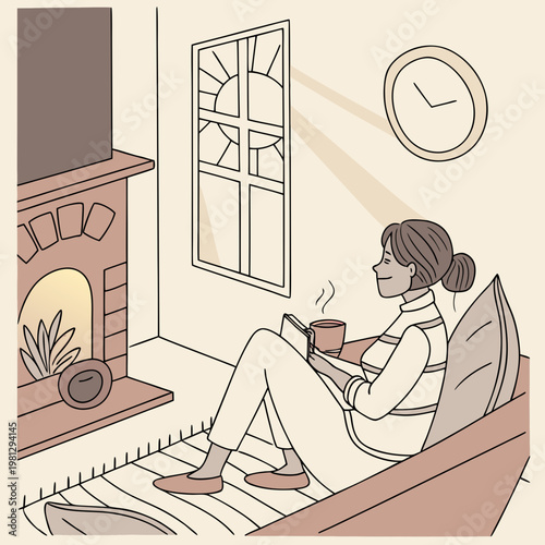 Woman sitting on a couch by a fireplace with a cup