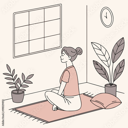 Woman sitting in lotus position on a yoga mat in a room