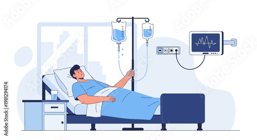 Patient recovering in hospital bed with IV drip and vital signs monitor