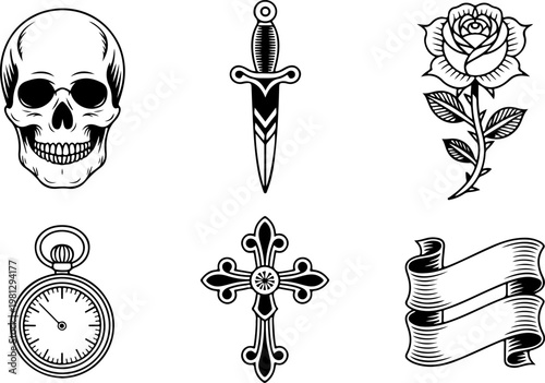 Vintage Tattoo Icon Vector Set – Skull Hat Anchor Dagger Pipe Pocket Watch Collection