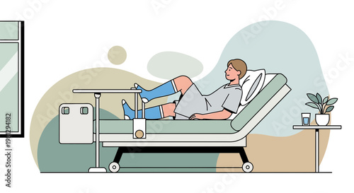 Patient recovering in hospital bed with leg casts, medical care concept