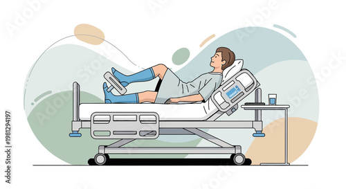 Patient recovering in hospital bed with legs elevated, receiving medical care