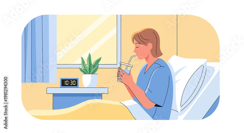 Patient recovering in hospital bed, drinking water through a straw, bedside clock shows 10:30