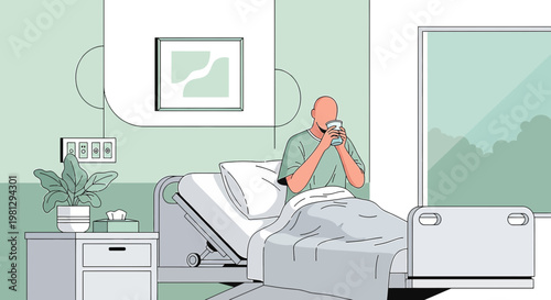 Patient recovering in hospital bed, drinking from mug, window view