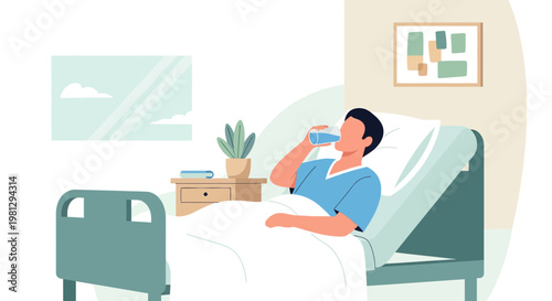 Patient recovering in hospital bed, drinking water, bedside table with plant and book