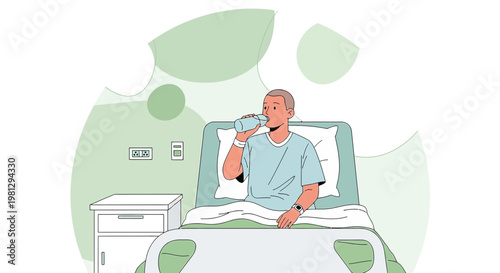 Patient recovering in hospital bed, drinking water, post-operative care, healthcare concept