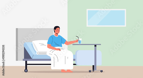 Patient recovering in hospital bed, drinking water, medical care concept