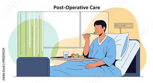 Patient recovering in hospital bed, eating meal after surgery, post-operative care concept