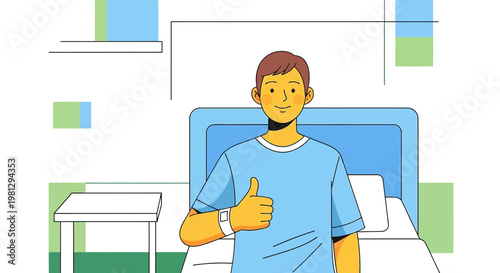 Patient recovering in hospital bed giving thumbs up, healthy recovery concept