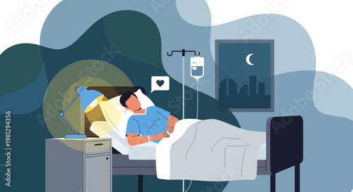 Patient recovering in hospital bed at night, receiving IV drip and care, symbolizing health and healing