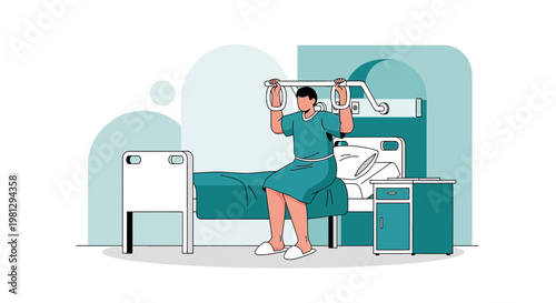 Patient Recovering in Hospital Bed Using Overhead Trapeze Bar for Mobility Assistance
