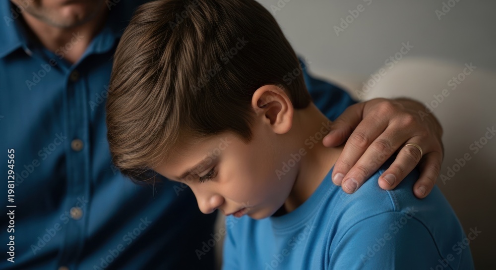 Obraz premium A comforting hand rests on a sad boys shoulder.
