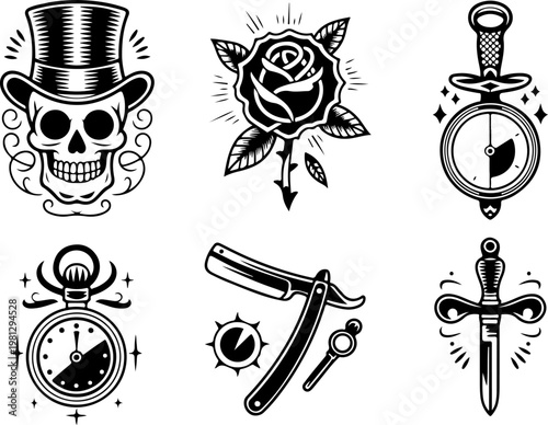 Vintage Tattoo Icon Vector Set – Skull Hat Anchor Dagger Pipe Pocket Watch Collection
