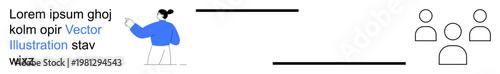 Team collaboration, decision making, leadership, group dynamics, communication, teamwork. A woman points to three abstract figures. Team collaboration and decision-making concepts are