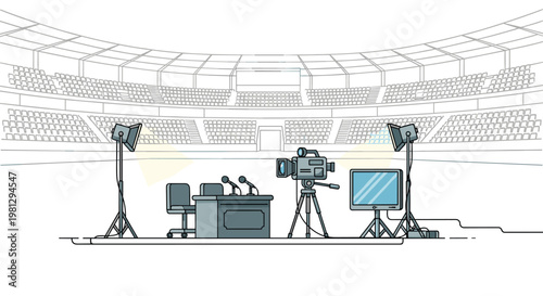 A professional broadcast television studio set with cameras and microphones is meticulously arranged on a raised platform inside a vast empty stadium arena.