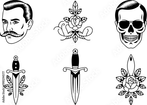 Vintage Tattoo Icon Vector Set – Skull Hat Anchor Dagger Pipe Pocket Watch Collection