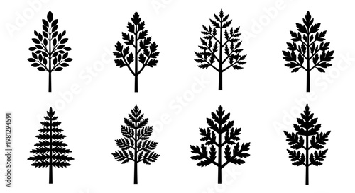 Stylized black silhouettes of various tree shapes arranged in a grid