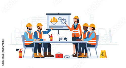 A female instructor wearing a safety vest and headset points to a projector screen while conducting a technical training session for four male workers.