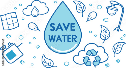 A blue conceptual illustration featuring a water drop icon with the text save water written inside Vector