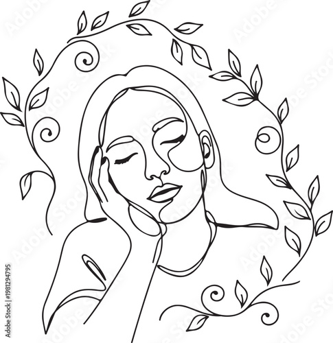 Minimalist line art woman face, leafy wreath, simple illustration, black and white vector