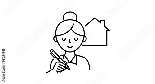 A simple line drawing depicts a woman with a pen thoughtfully considering a house
