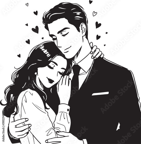 Romantic couple illustration, loving embrace, black and white vector, Valentine's Day theme, affectionate relationship