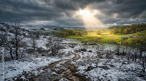 Cinematic conceptual landscape showing the seasonal transition from a snowy winter to a blooming spring meadow